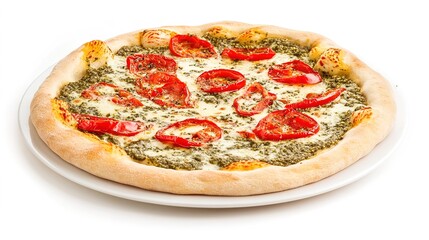 Vegan Pesto and Roasted Red Peppers Pizza on White Background