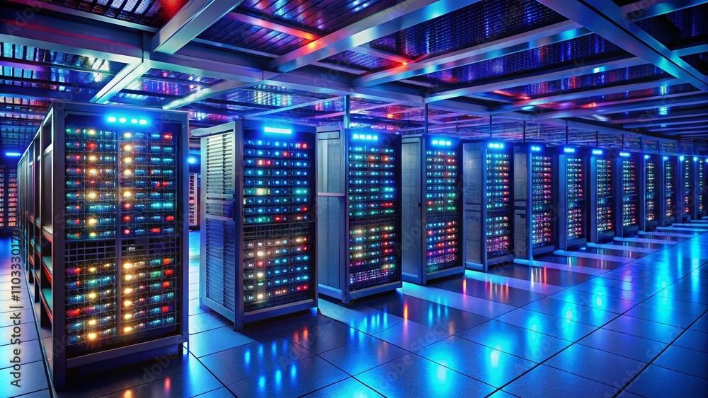 Poster aerial view of a modern server room featuring a neat row of high-tech servers and networking equipme
