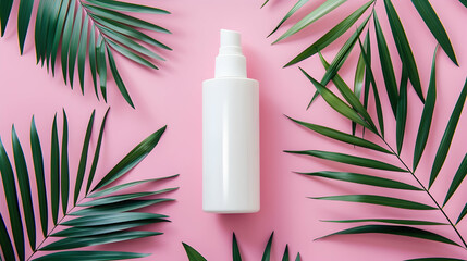 Blank white bottle with cream and lotion on pink background. Top view, tropical concept