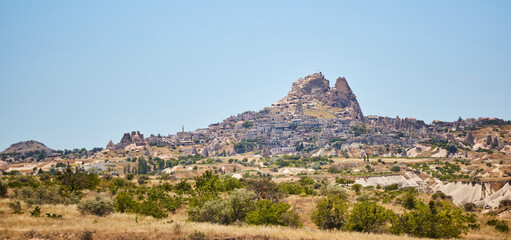 Mountain landscape in Cappadocia, Central Anatolia region, Turkey. Tuff mountains.