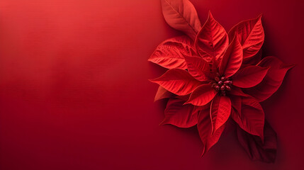 Red Christmas flower top view on red background. New year and christmas concept. Copy space.