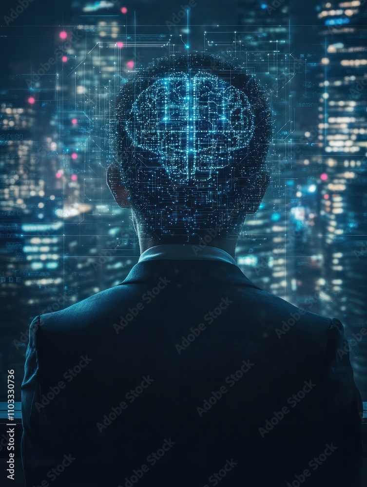 Poster artificial intellingence and machine learning concept with pensive businessman back looking at digit
