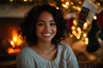 Obraz premium A cheerful woman with curly hair smiles warmly in front of a cozy fireplace, adorned with festive decorations, This image is perfect for holiday marketing, lifestyle blogs, or greeting cards,