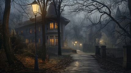 Mysterious evening stroll through a quiet, dimly-lit neighborhood in autumn fog