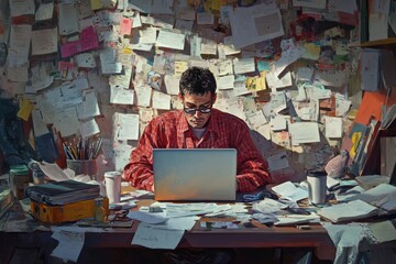 A man is sitting at a desk with a laptop and a cup of coffee