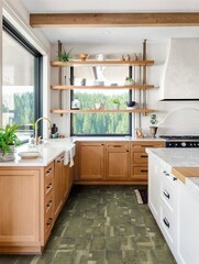 Luxurious beige modern kitchen interior, drawers pulled out, oven's door open, white ceramic kitchen countertop, grey marble flooring, window to an amazing backyard. Front view. Mockup. 3D Rendering