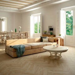 Stylish home living room interior with beige comfy sofa and fireplace, shelf partition with books and decoration. Lounge zone with panoramic window on skyscrapers, wooden flooring. 3D Renderings