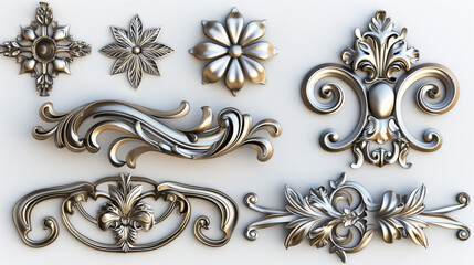 Decorative metallic ornaments display intricate designs suitable for various artistic applications