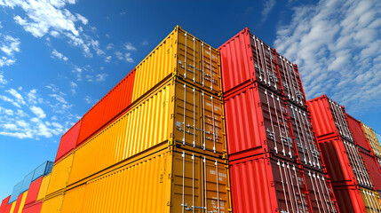 Fototapeta premium Stack of Colorful Shipping Containers Under a Blue Sky