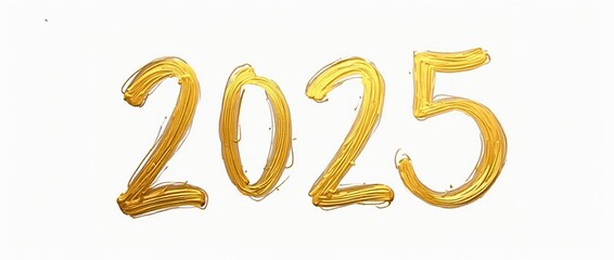 Happy New Year 2025 gold brush lettering on white background