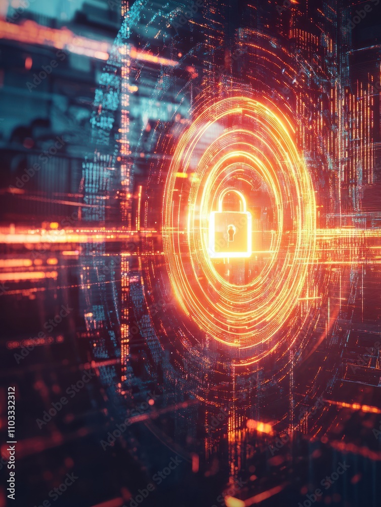 Poster blockchain and digital money security concept with glowing digital lock sign in a circle on abstract