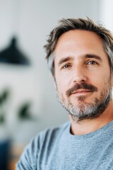 Fototapeta premium A close-up image of a middle-aged man with light gray hair and beard, wearing a casual gray shirt, looking confidently into the camera, with a softly lit background, with copy space.