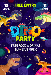 Dino party flyer with dinosaur astronauts characters on alien space vector background. Cartoon tyrannosaurus, raptor, neovenator and scutellosaurus with space helmets, UFO and stars, dino party poster