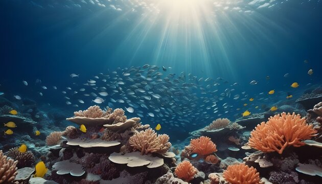 
Una vibrante escena de arrecifes de coral submarinos con varios peces tropicales nadando entre las coloridas formaciones de coral. El fondo es un oc&eacute;ano azul profundo con la luz del sol filtr&aacute;ndose
