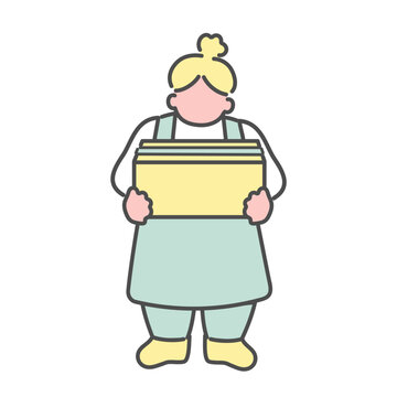 recommend clip art: 未開封のダンボールを持つシンプルな線画女性　イラスト　