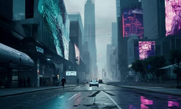 wide angle camera view side of the horror scene of street in cyberpunk town