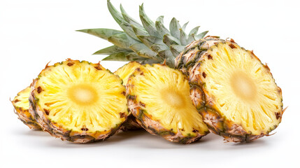 Ripe pineapple and pineapple slices isolated on white background. 