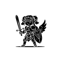 Epic knight Warrior in Monochrome silhouette illustration, Strong Female character Warrior with Armor and Sword