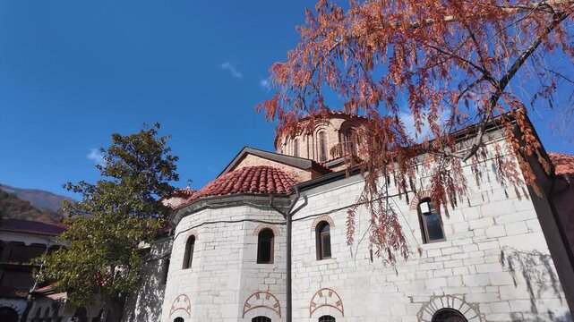 Autumn view of Medieval Bachkovo Monastery Dormition of the Mother of God, Plovdiv Region, Bulgaria