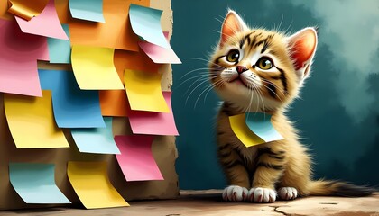 Cute Kitten with Colorful Sticky Notes