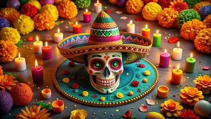Naklejka premium Aerial View of a Vibrant Cartoon Sugar Skull with Sombrero in a Festive Atmosphere, Celebrating Dia de los Muertos with Colorful Decorations and Cultural Elements