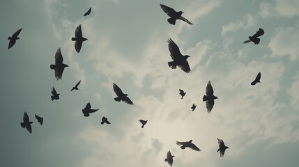 Fototapeta premium Flock of birds soaring against the cloudy sky during the late afternoon, capturing a moment of freedom and movement