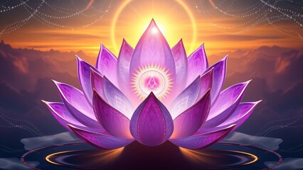 A purple lotus flower blooms beautifully in a tranquil pond, surrounded by lush green leaves