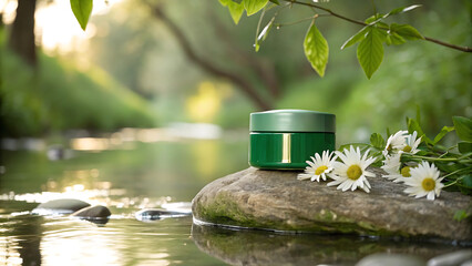 Naklejka premium Green cosmetic jar surrounded by chamomile flowers on a stone near a gentle stream in a lush forest. The natural lighting highlights the eco-friendly and organic beauty concept.