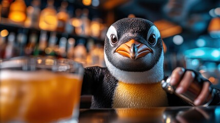 A delightful penguin bartender artistically shaking a drink behind the bar, showcasing a fun and engaging atmosphere filled with warm lighting and vibrant ambiance.