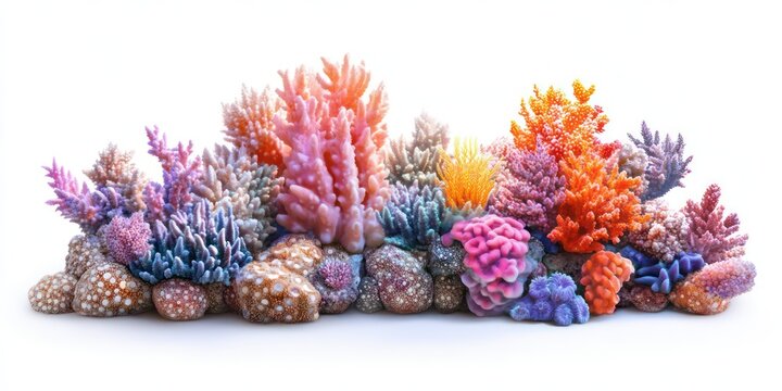 a large cluster of colorful living various beautiful corals isolated on white 