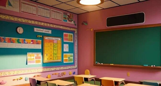 a highly detailed 3D render of a vibrant classroom wall featuring a traditional blackboard and a brightly colored wall adorned with educational charts and diagrams
