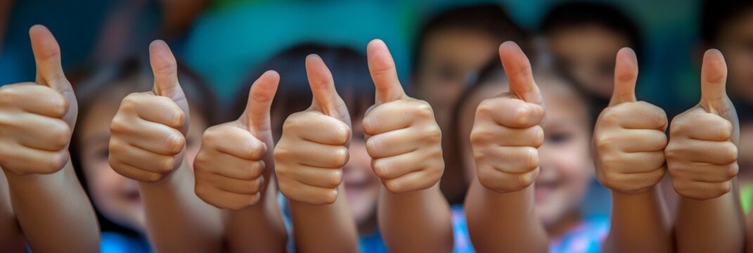 Group of Diverse Smiling Children Giving a Thumbs Up Sign , Multicultural , Teamwork
