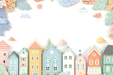Fototapeta premium Pastel paper townscape with whimsical clouds and floral accents offers a playful