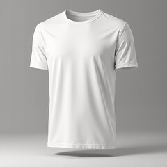 Plain white t-shirt, made of soft fabric with thick round collar, displayed on a flat surface in studio lighting. Suitable for mockup design