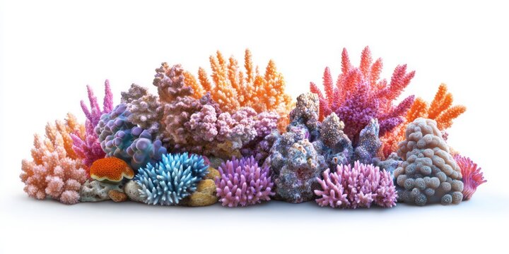 a large cluster of colorful living various beautiful corals isolated on white 