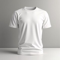 Plain white t-shirt, made of soft fabric with thick round collar, displayed on a flat surface in studio lighting. Suitable for mockup design