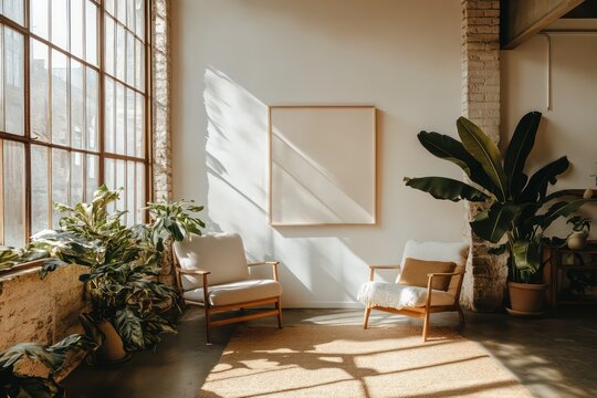contemporary interior of a clean modern loft with a blank empty canvas on the wall