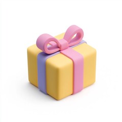 Isometric Cartoon-Style Yellow Gift Box with Pink Ribbon Bow on Isolated White Background