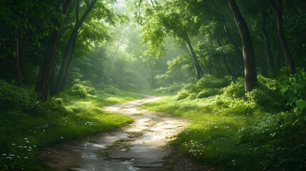 Obraz premium A serene forest path bathed in soft sunlight, surrounded by lush greenery, Ideal for nature-related projects, relaxation themes, or promoting outdoor activities