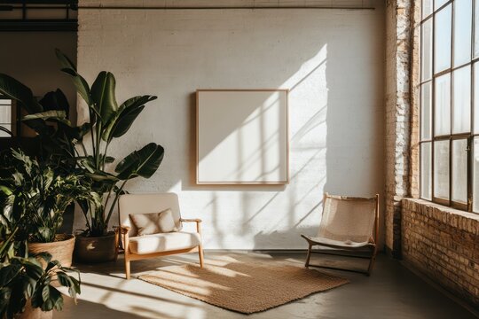  contemporary interior of a clean modern loft with a blank empty canvas on the wall