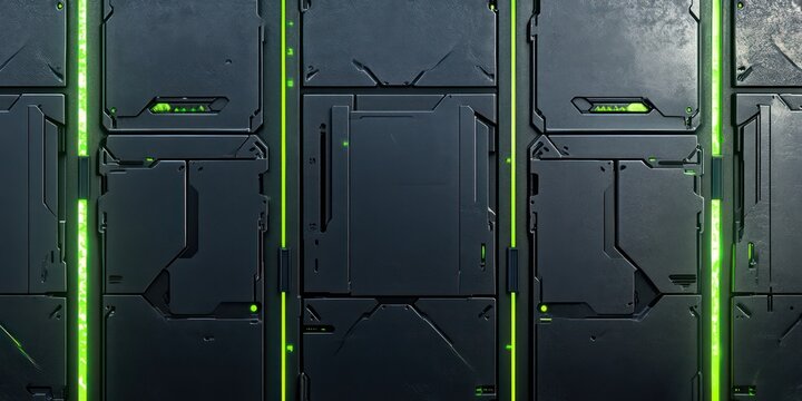 futuristic high-tech design background with a complex modular wall build of matted metal plates 