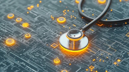 Modern Healthcare and Technology Integration: Close-up of Stethoscope on Circuit Board with Glowing Data Points