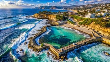 Aerial View of Children's Pool at Seal Rock in La Jolla, San Diego with Scenic Mountains and Lush Palm Tree-Lined Roads in a Vibrant Coastal Landscape
