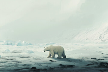 solitary polar bear traversing a vast icy expanse under a pale sky reflecting off a smooth ice surface