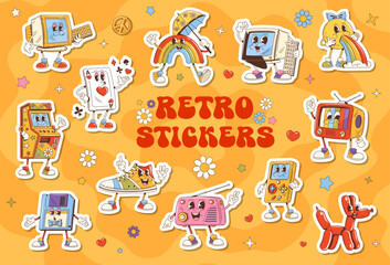 Retro groovy hippie stickers pack of cartoon psychedelic rainbow, play cards and vomiting emoji characters. Vector vintage groovy computer, game console, tv and radio, arcade game machine and sneakers