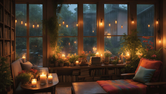 lofi anime-style cozy study desk with a rainy day view and chill vibes