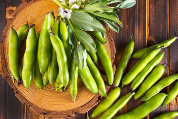 Green beans close up top view background.