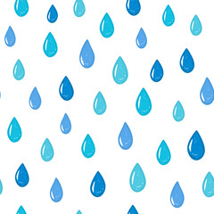 Vector illustration. Seamless pattern of volumetric blue raindrops on a white background. Print on textiles, fabric design, packaging, wrapping paper, children's wallpaper