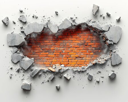 A 3D depiction of a red brick wall with a hole, featuring flying fragments of bricks and plaster.