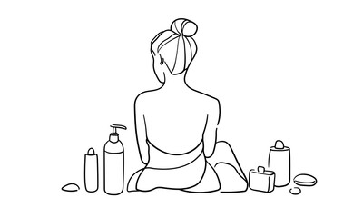 Girl in a towel continuous line art drawing isolated on white background. Spa salon. Vector illustration
